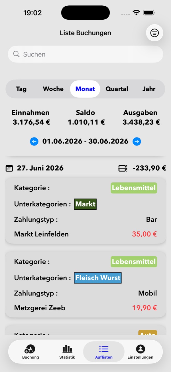 Liste der Buchungen im Juni mit Einnahmen, Ausgaben und Saldo